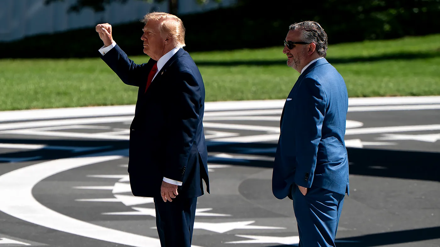 President Trump puts up his fist next Sen. Ted Cruz (R-Texas) before heads toward Marine One on the South Lawn of the White House in Washington, D.C., on Wednesday, October 7, 2026. Trump is heading to San Antonio, Texas, for a campaign event in support of Republican U.S. Senate candidate Ken Paxton and Rep. Carlos De La Cruz (R-Texas).