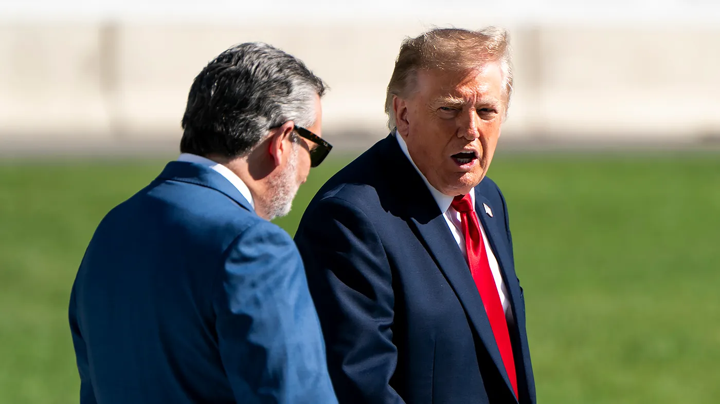 Sen. Ted Cruz (R-Texas) and President Trump heads toward Marine One on the South Lawn of the White House in Washington, D.C., on Wednesday, October 7, 2026. Trump is heading to San Antonio, Texas, for a campaign event in support of Republican U.S. Senate candidate Ken Paxton and Rep. Carlos De La Cruz (R-Texas).