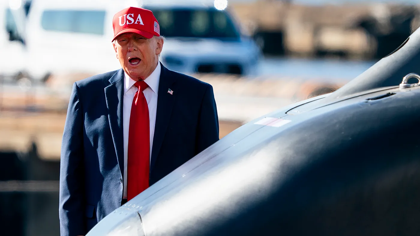 President Trump arrives to give an address at Anduril Industries in Sparrows Point, Md., on Tuesday, October 9, 2026. Anduril Industries is investing $3.7 billion to construct a new shipbuilding facility named Arsenal 2.
