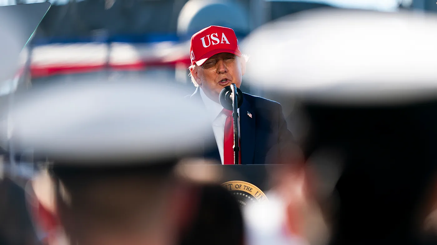 President Trump gives an address at Anduril Industries in Sparrows Point, Md., on Oct. 9, 2026.