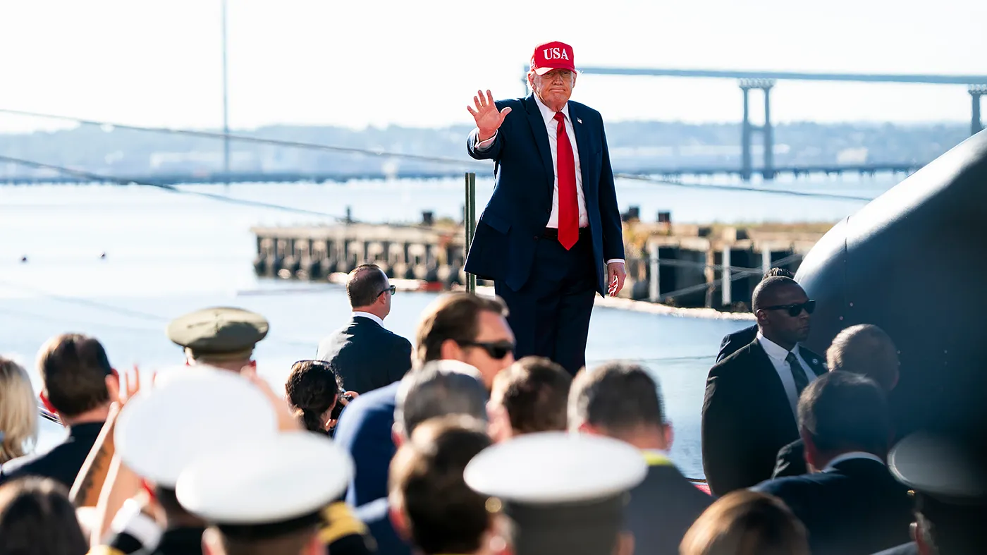 President Trump gives an address at Anduril Industries in Sparrows Point, Md., on Tuesday, October 9, 2026. Anduril Industries is investing $3.7 billion to construct a new shipbuilding facility named Arsenal 2.