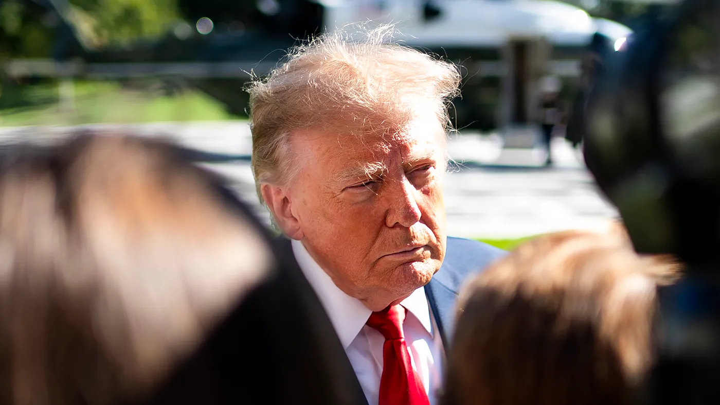 President Trump speaks to reporters before boarding Marine One on the South Lawn of the White House in Washington, D.C., on Wednesday, October 7, 2026. Trump is heading to San Antonio for a campaign event in support of Republican U.S. Senate candidate Ken Paxton and Rep. Carlos De La Cruz (R-Texas).