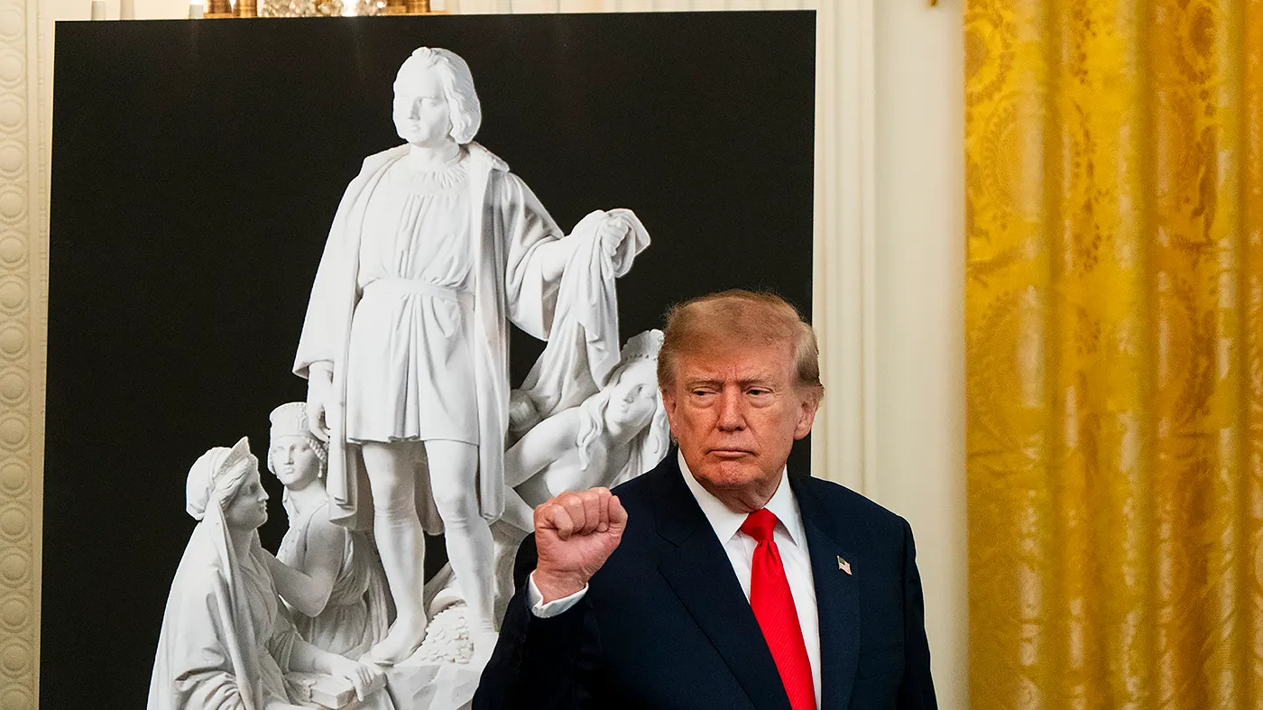 President Trump leaves an event to celebrate Columbus Day in the East Room of the White House in Washington, D.C., on Oct. 9, 2026.