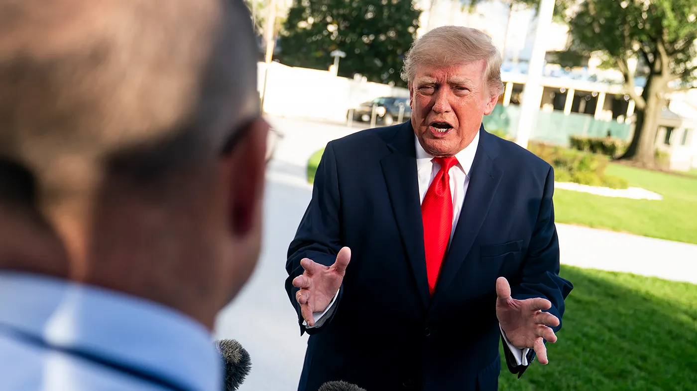 President Trump speaks to reporters before boarding Marine One on the South Lawn of the White House in Washington, D.C., on Oct. 12, 2026. Trump is heading to Youngstown, Ohio, for a campaign event with Sen. Jon Husted (R-Ohio) and Republican gubernatorial candidate Vivek Ramaswamy.