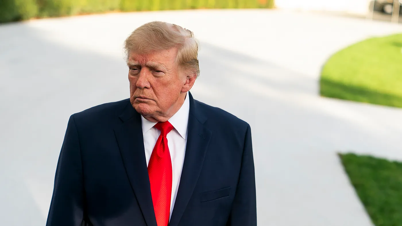 President Trump listens to a reporter’s question before boarding Marine One on the South Lawn of the White House in Washington, D.C., on Monday, October 12, 2026. Trump is heading to Youngstown, Ohio, for a campaign event with Sen. Jon Husted (R-Ohio) and Republican gubernatorial candidate Vivek Ramaswamy.