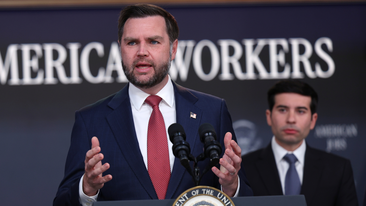 Vice President Vance speaks as Labor Secretary Keith Sonderling listens during a news conference on the Fraud Task Force inside the Eisenhower Executive Office Building on the White House campus, Oct. 8, 2026, in Washington.