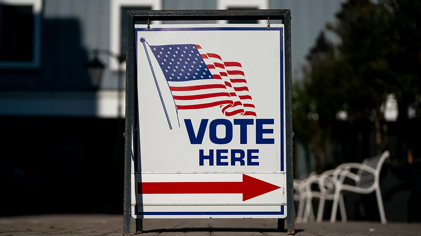 A ‘Vote Here’ sign is seen outside the Office of Voter Registration and Elections in Alexandria, Va., on Friday, September 18, 2026. Early voting begins in the Commonwealth 46 days prior to Election Day.