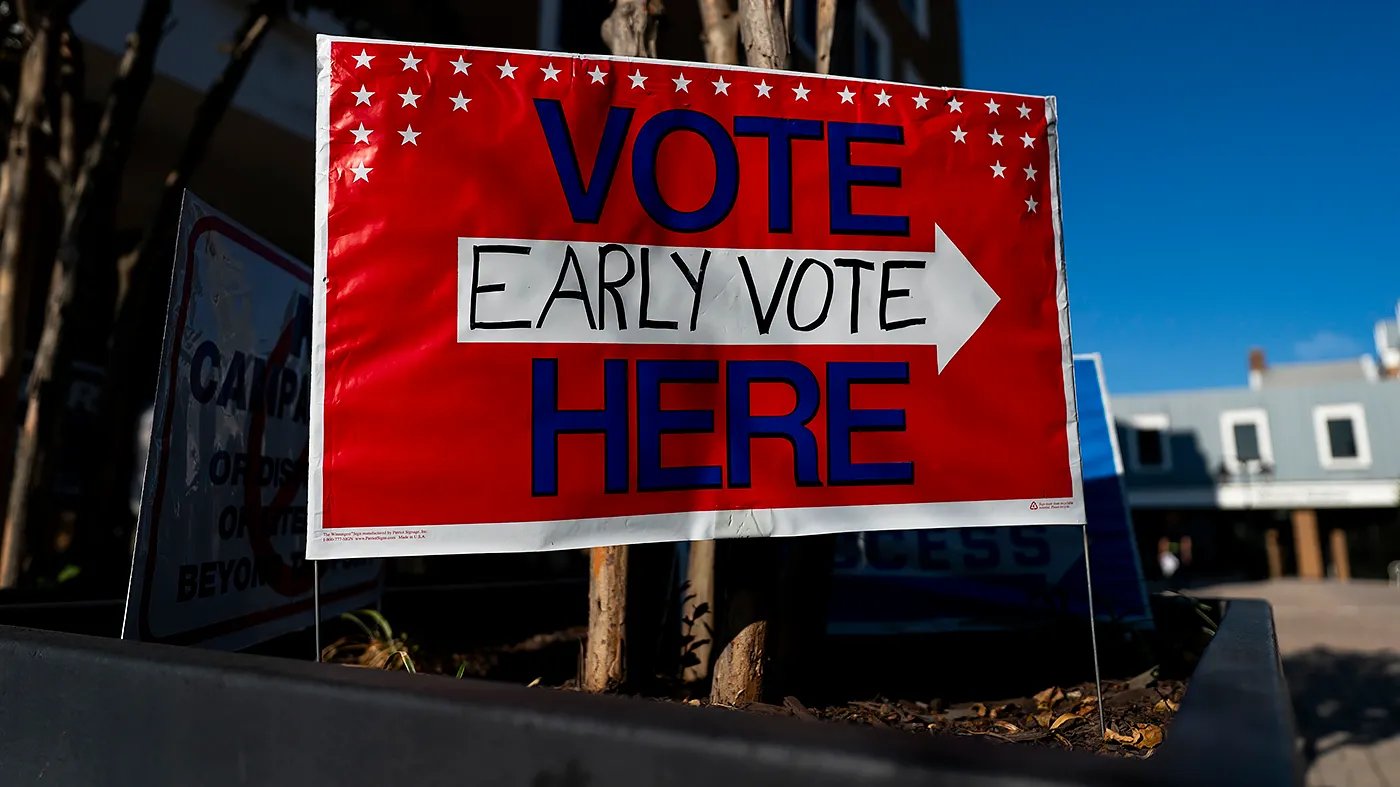A ‘Vote Here’ sign is seen outside the Office of Voter Registration and Elections in Alexandria, Va., on Friday, September 18, 2026. Early voting begins in the Commonwealth 46 days prior to Election Day.