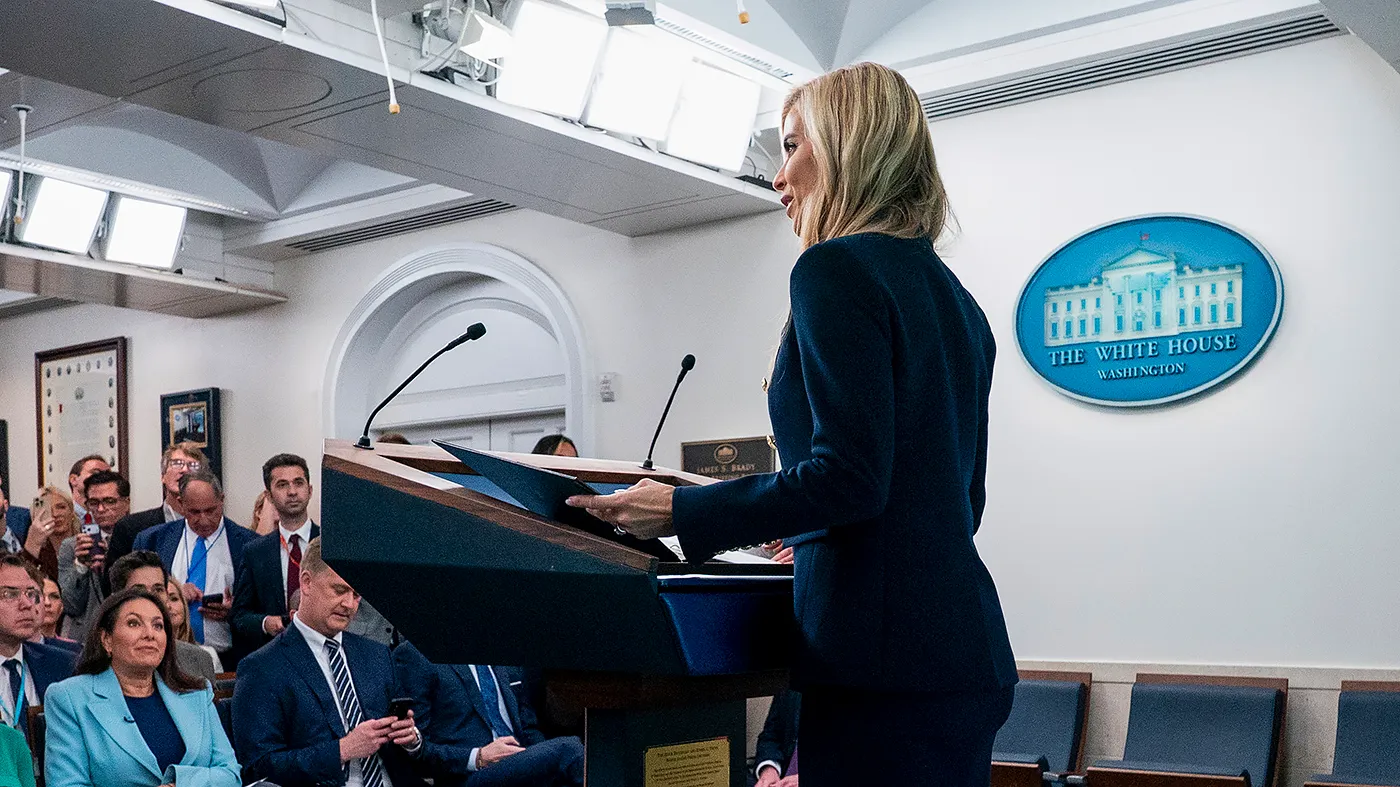 White House press secretary Katie Zacharia addresses reporters during her first press briefing at the White House in Washington, D.C., on Tuesday, October 13, 2026.