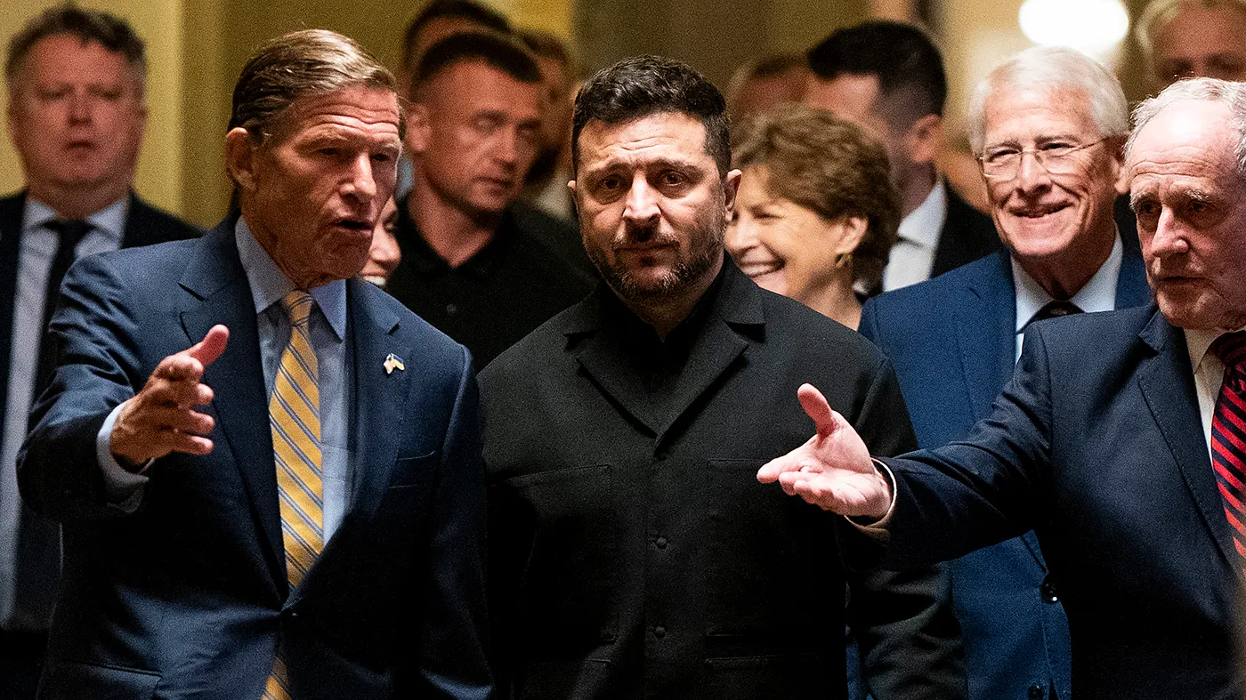 Ukrainian President Volodymyr Zelensky arrives for a meeting with Senators to discuss the Lindsey O. Graham Sanctioning Russia and Iran Act at the U.S. Capitol in Washington, D.C., on Tuesday, July 28, 2026.