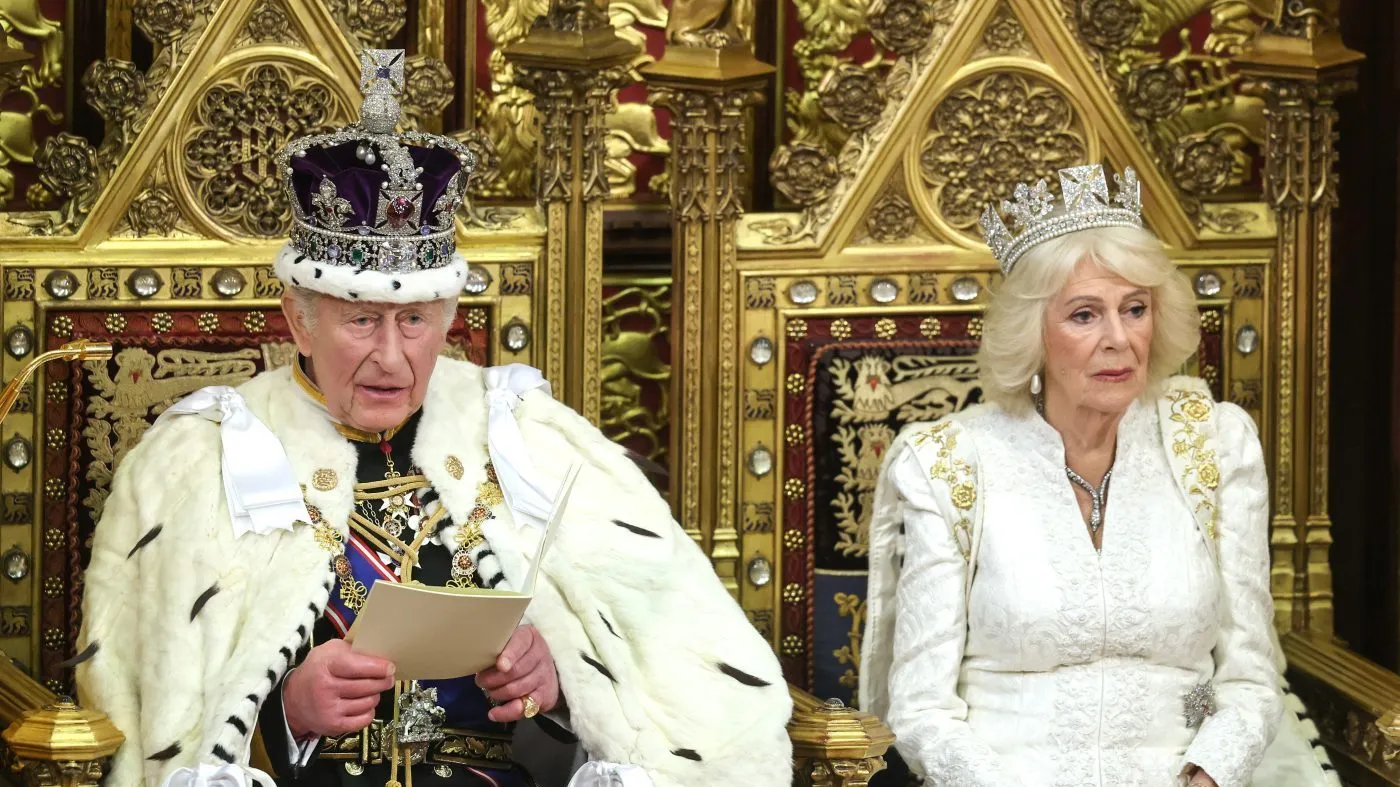 Britain’s King Charles III and Queen Camilla attend the state opening of Parliament at the Palace of Westminster in London, Wednesday, May 13, 2026. (Chris Jackson/Pool Photo via AP)