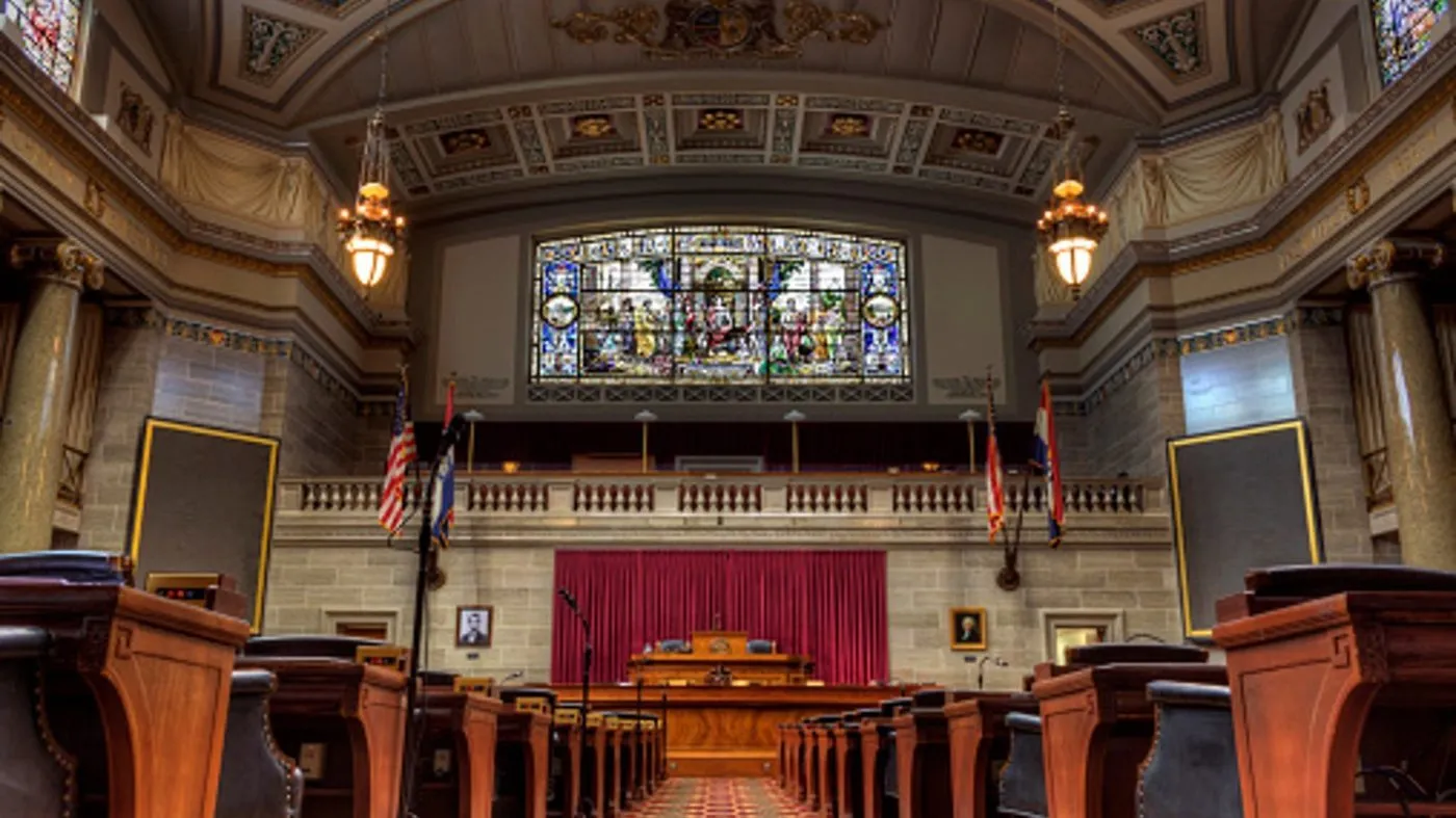 The Missouri House of Representatives Chamber in the Missouri State Capitol Building located in Jefferson City, Missouri