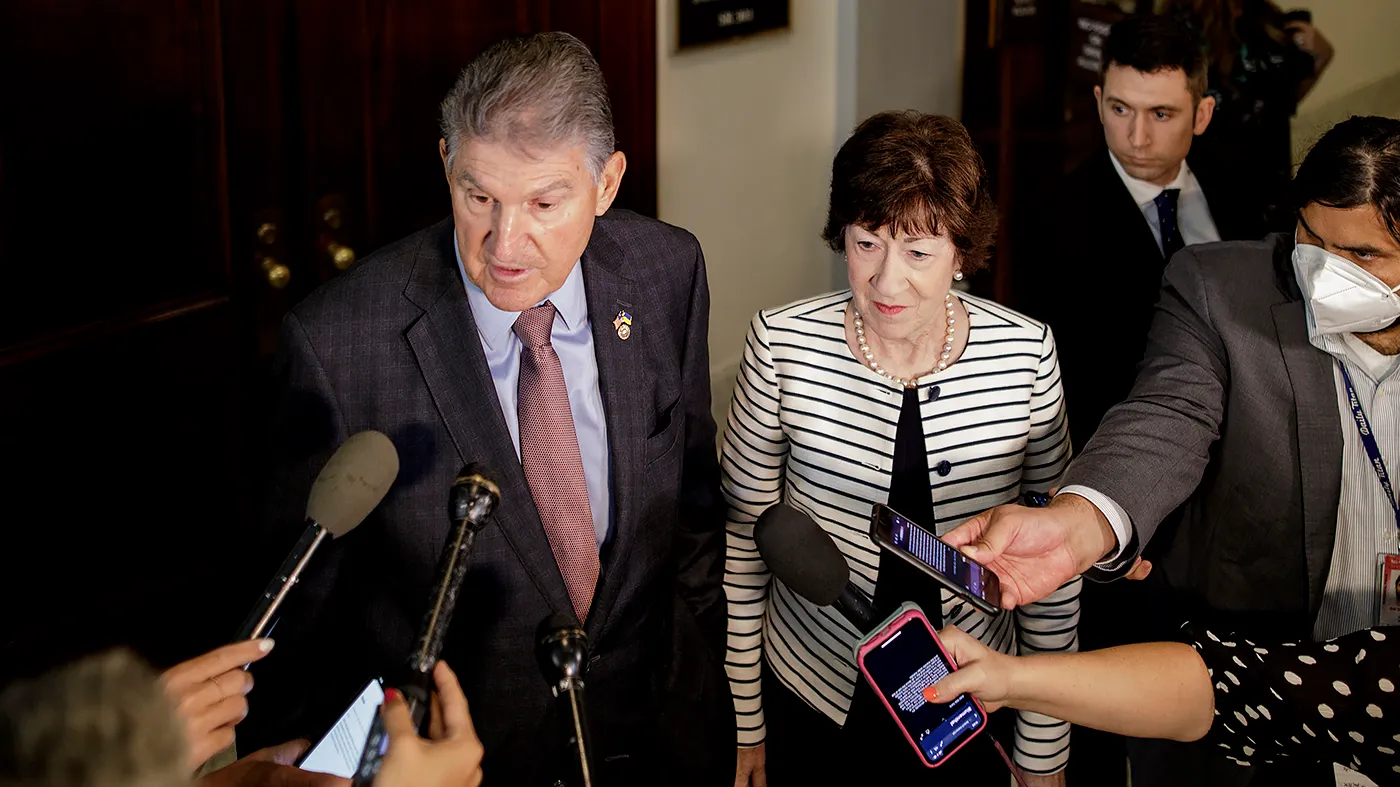 Sens. Joe Manchin (D-W.Va.) and Susan Collins (R-Maine) address reporters following a Senate Rules and Administration Committee hearing entitled, ‘The Electoral Count Act: The Need for Reform’ on Wednesday, August 3, 2022.
