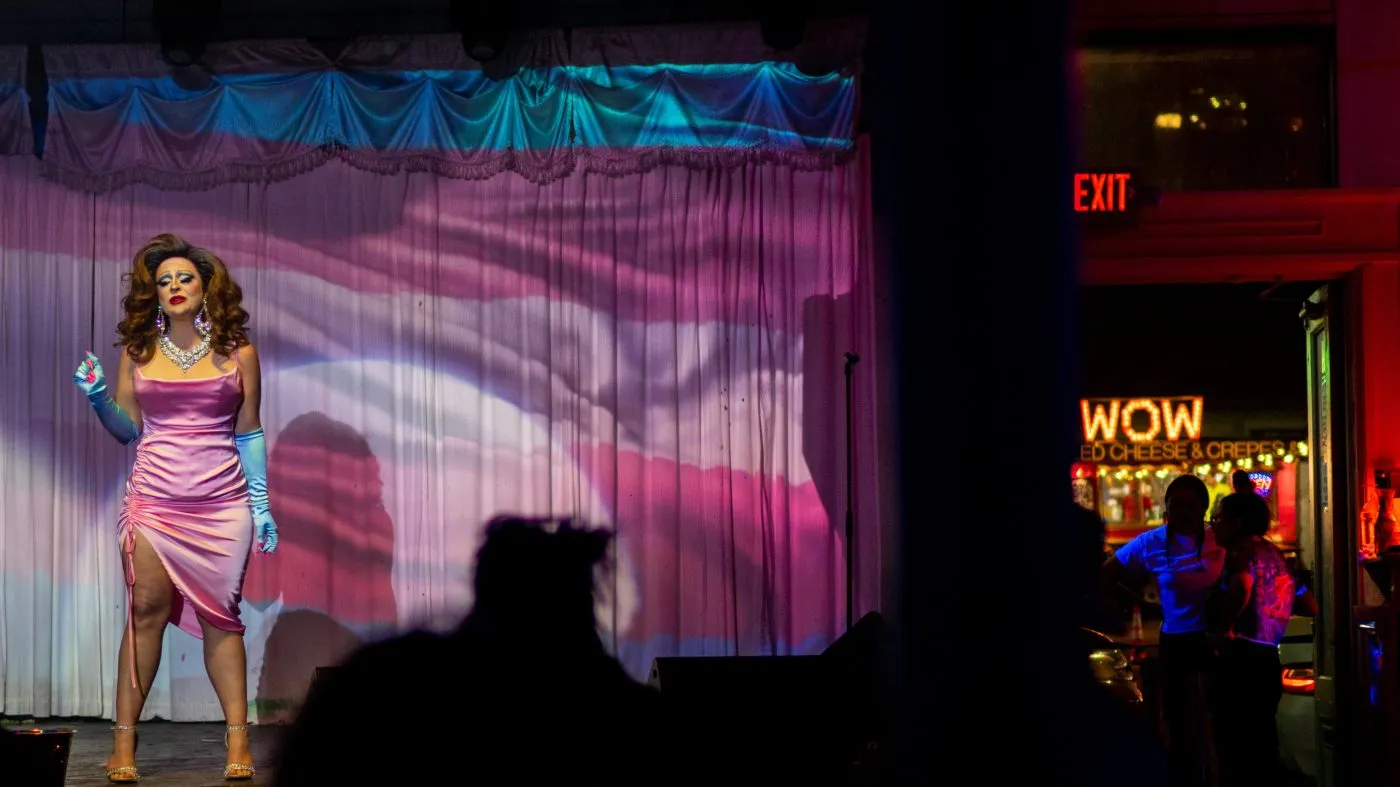 Drag queen Dani Knighten, from Austin, Texas, performs during the Vanguard drag show at the Swan Dive nightclub on April 19, 2023, in Austin.