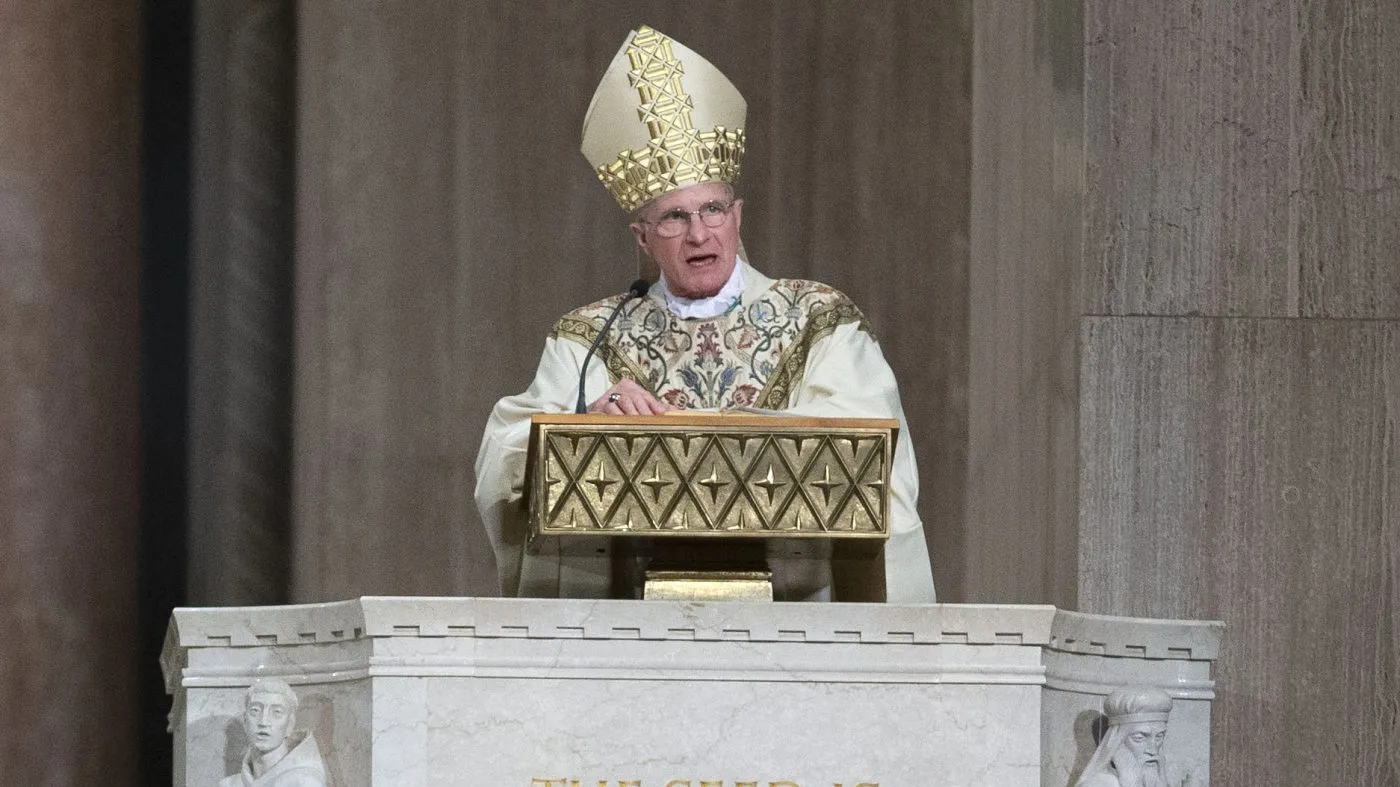Archbishop Timothy Broglio conducts an Easter Sunday Mass at Basilica of the National Shrine of the Immaculate Conception in Washington, April 12, 2020.