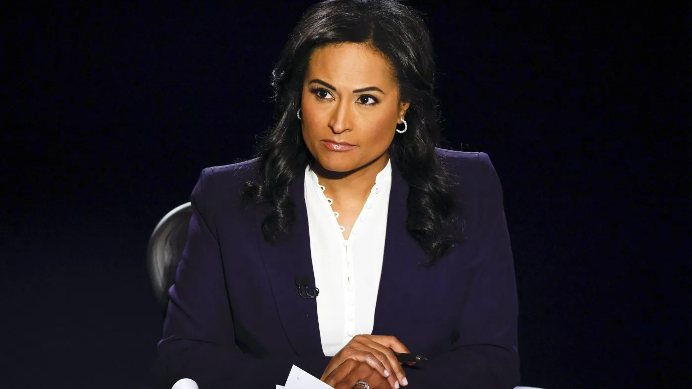 Moderator Kristen Welker of NBC News listens as President Donald Trump and Democratic presidential candidate former Vice President Joe Biden participate in the final presidential debate at Belmont University, Thursday, Oct. 22, 2020, in Nashville, Tenn. (Jim Bourg/Pool via AP)