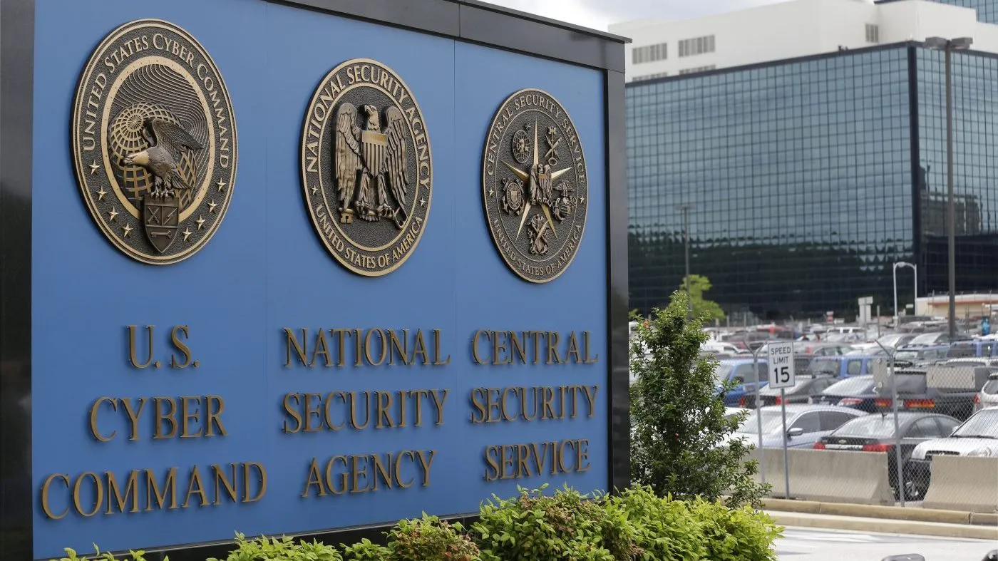 A sign stands outside the National Security Agency campus in Fort Meade, Md.