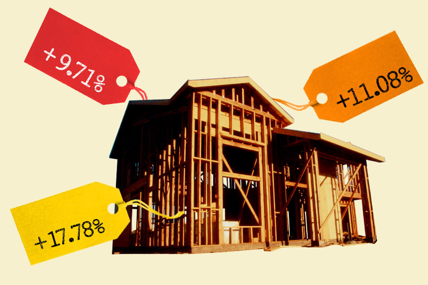 Photo Illustration: A house under construction with price tags attached