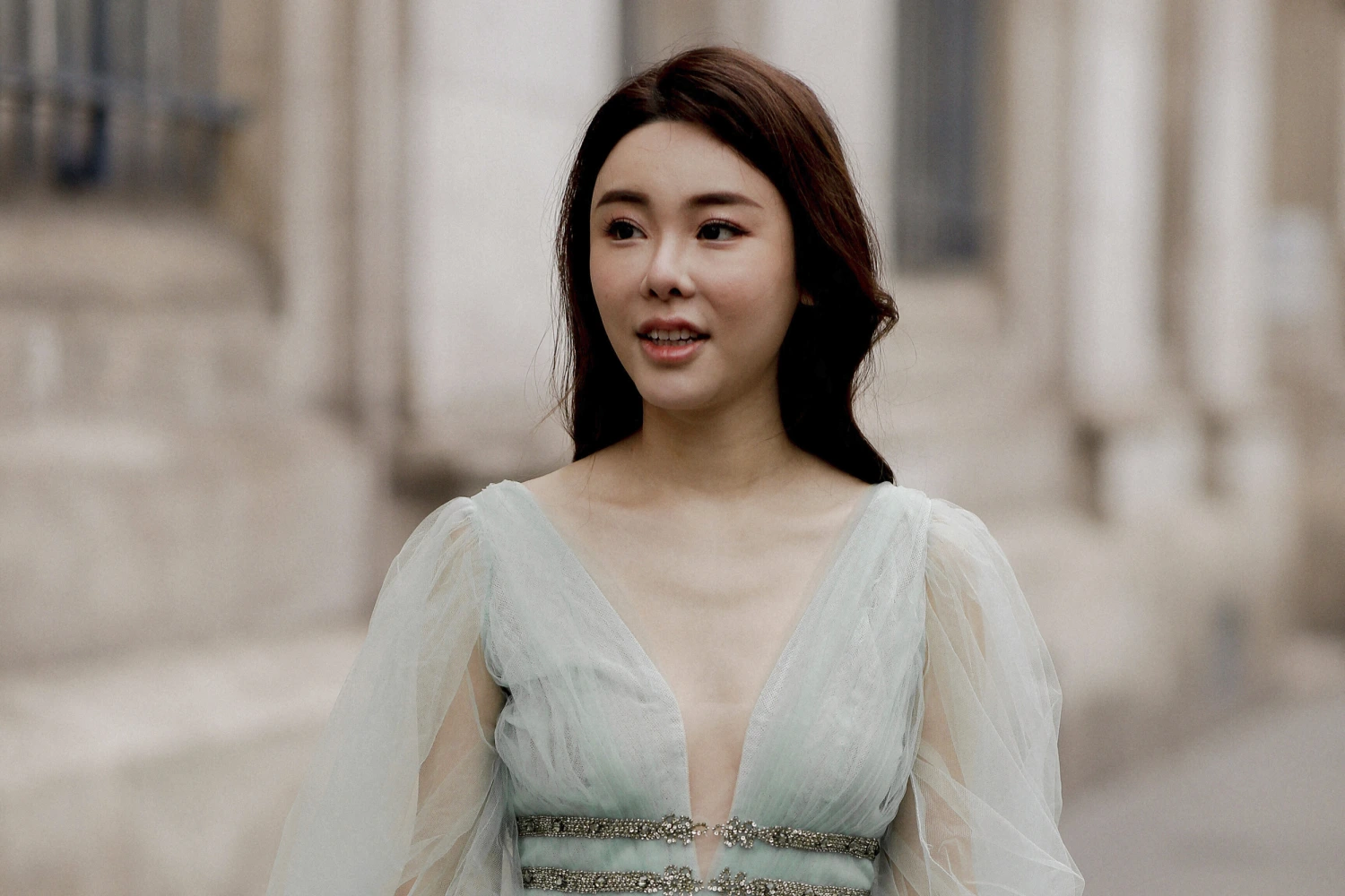 Abby Choi arrives at Elie Saab Haute Couture fashion show in Paris on Jan. 25, 2023.