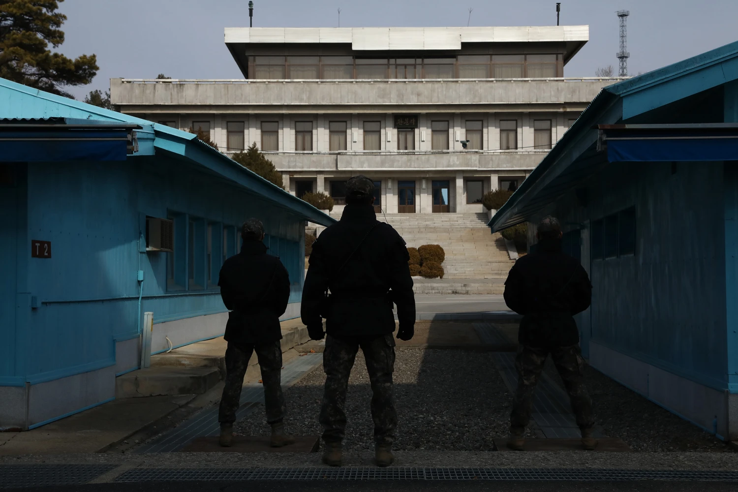 South Korean soldiers stand guard at the demilitarized zone separating South and North Korea on Feb. 7, 2023 in Panmunjom, South Korea.