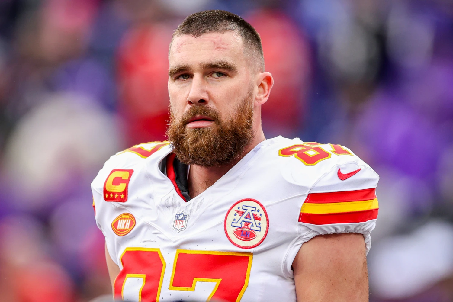Travis Kelce of the Kansas City Chiefs on Jan. 28, 2024, in Baltimore, Md.