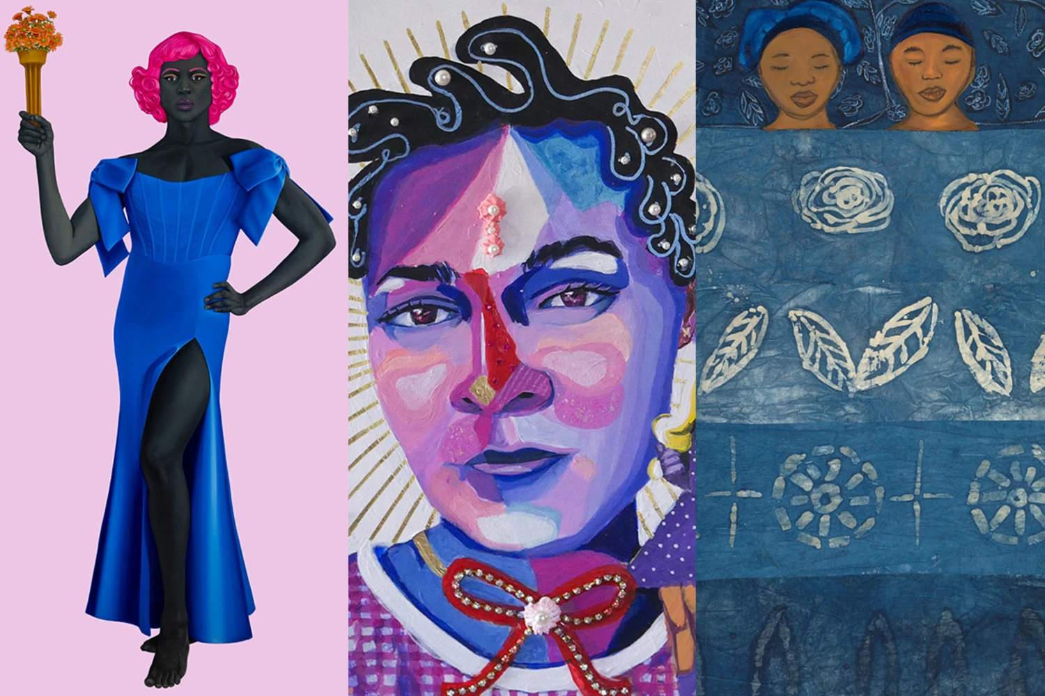From left: “Trans Forming Liberty,” by Amy Sherald; Marinna Shareef with Andil Gosine's "God of Whimsy" and "Stitched to You," by Sola Olulode.