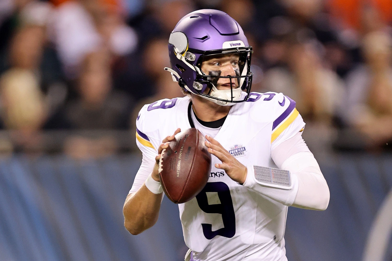 J.J. McCarthy #9 of the Minnesota Vikings looks to pass during the third quarter of the game against the Chicago Bears at Soldier Field, in Chicago, on Sept. 8, 2025.