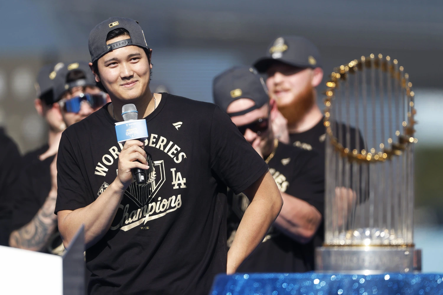 Shohei Ohtani of the Los Angeles Dodgers speaks to the crowd during the 2025 Los Angeles Dodgers World Series Celebration at Dodger Stadium on November 03, 2025 in Los Angeles, California.