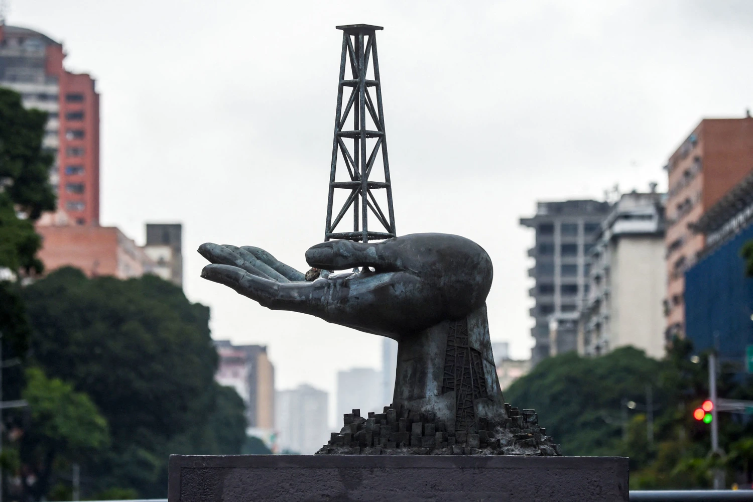 A sculpture in front of the Caracas headquarters of Petroleos de Venezuela, the state-owned oil and natural gas company, in 2022.