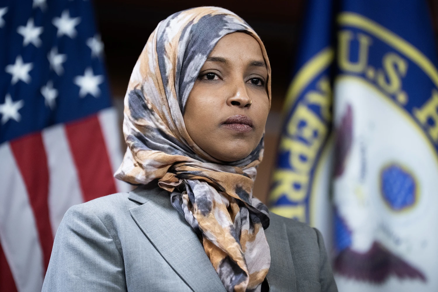 Rep. Ilhan Omar, D-Minn., attends a news conference with members of the Congressional Progressive Caucus on funding and accountability for the Department of Homeland Security in the Capitol Visitor Center on Tuesday, January 13, 2026.
