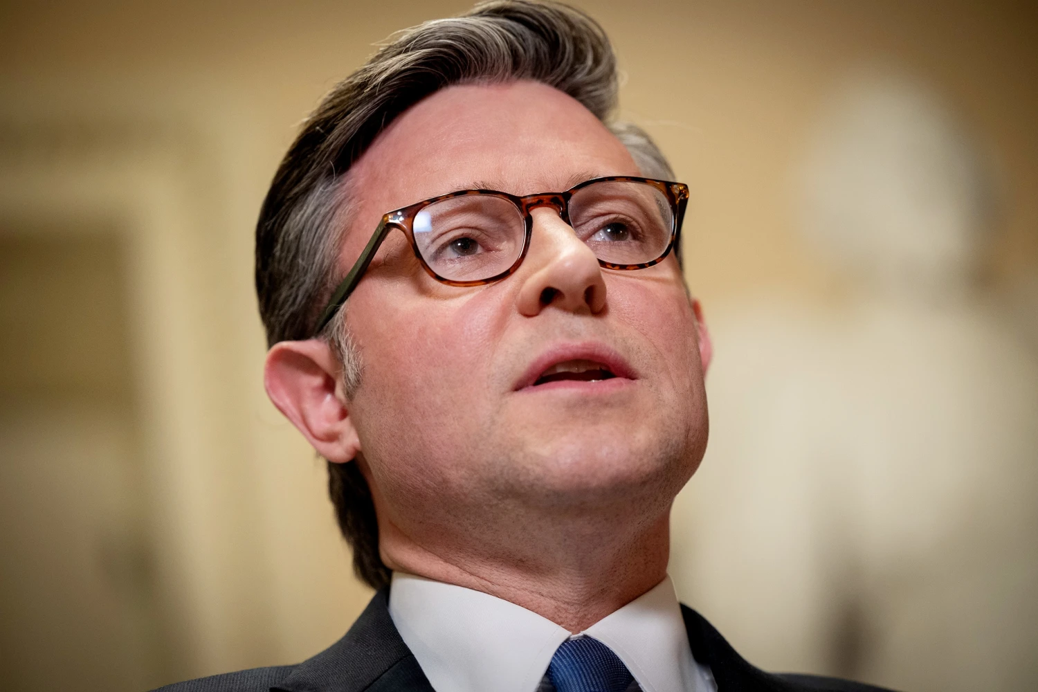 Speaker of the House Mike Johnson (R-LA) speaks to reporters after a vote to fund the Department of Homeland Security, at the U.S. Capitol in March 2026.