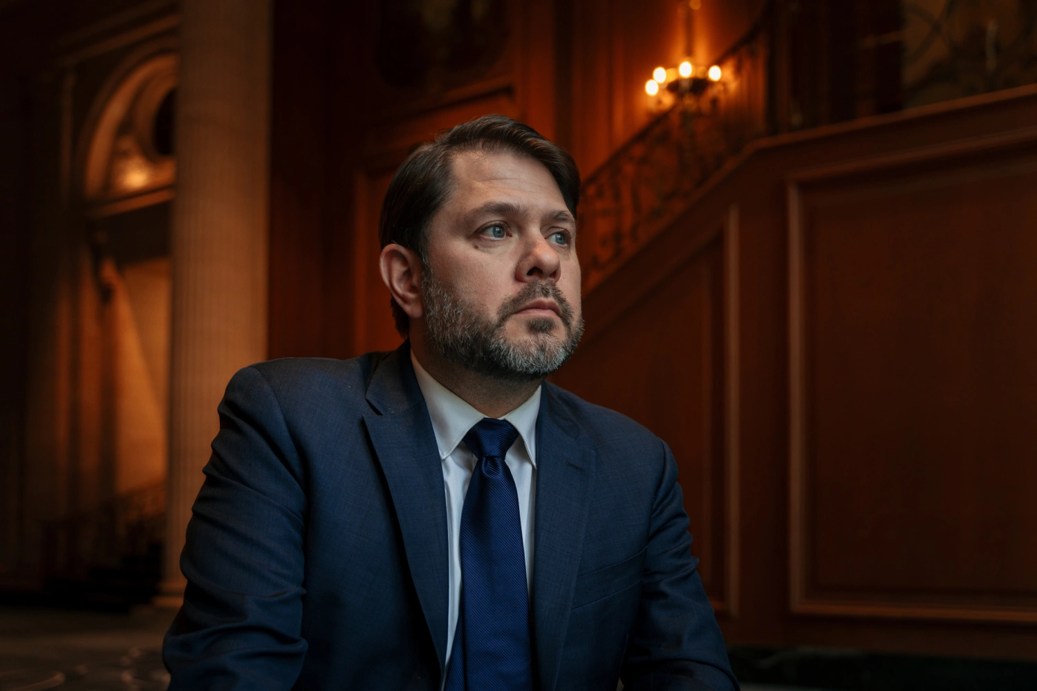 U.S. Sen. Ruben Gallego, D-Ariz., before speaking at the Hispanic American Construction Industry Association annual banquet at the Hilton Hotel on April 2, 2026, in Chicago.