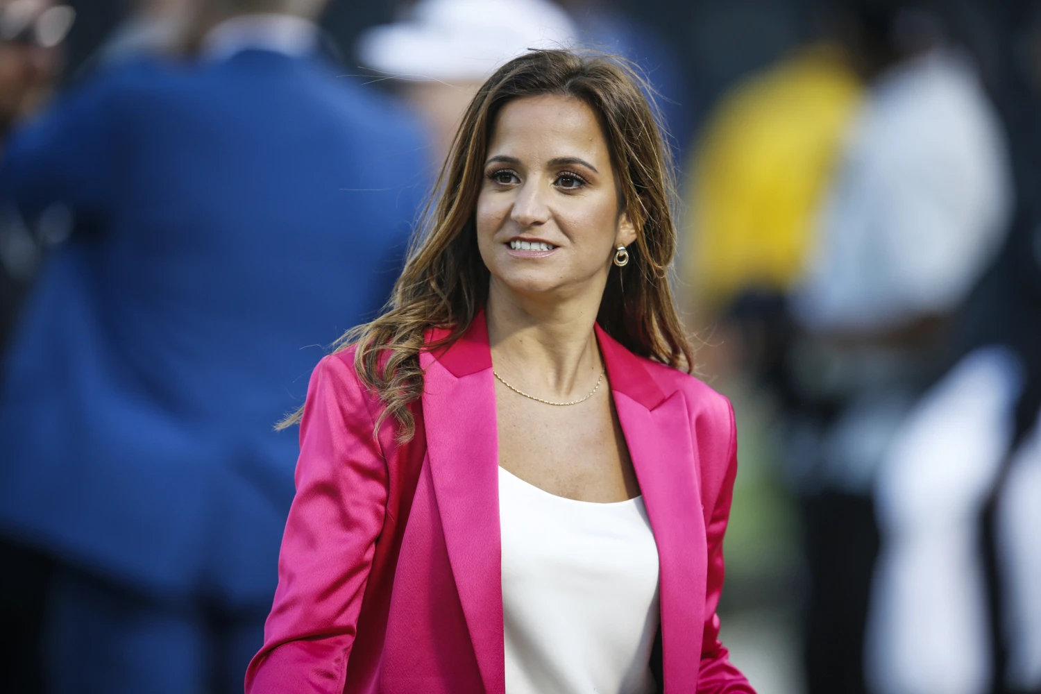 Dianna Russini before the start of an NFL football game between the Oakland Raiders and the Denver Broncos  Sept. 9, 2019, in Oakland, Calif.