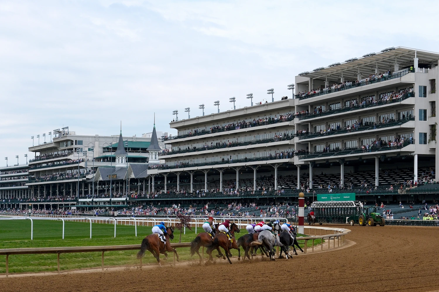 The field heads into the fourth turn during the first race of the day ahead of the 152th Kentucky Derby at Churchill Downs on May 02, 2026 in Louisville, Ky.