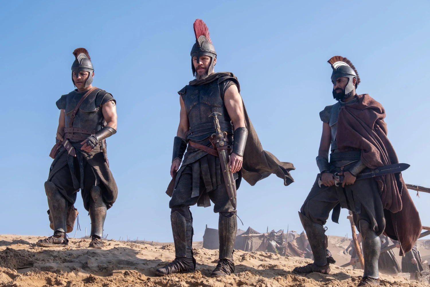Jimmy Gonzales, Matt Damon and Himesh Patel in "The Odyssey."