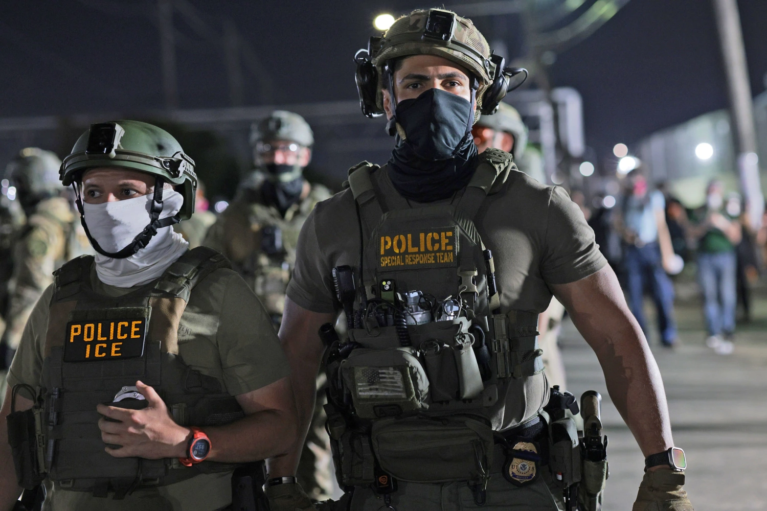 omeland Security Investigations and Immigration and Customs Enforcement officers arrive to push protesters back at the Delaney Hall Immigration Detention Center on June 12, 2026 in Newark, N.J.