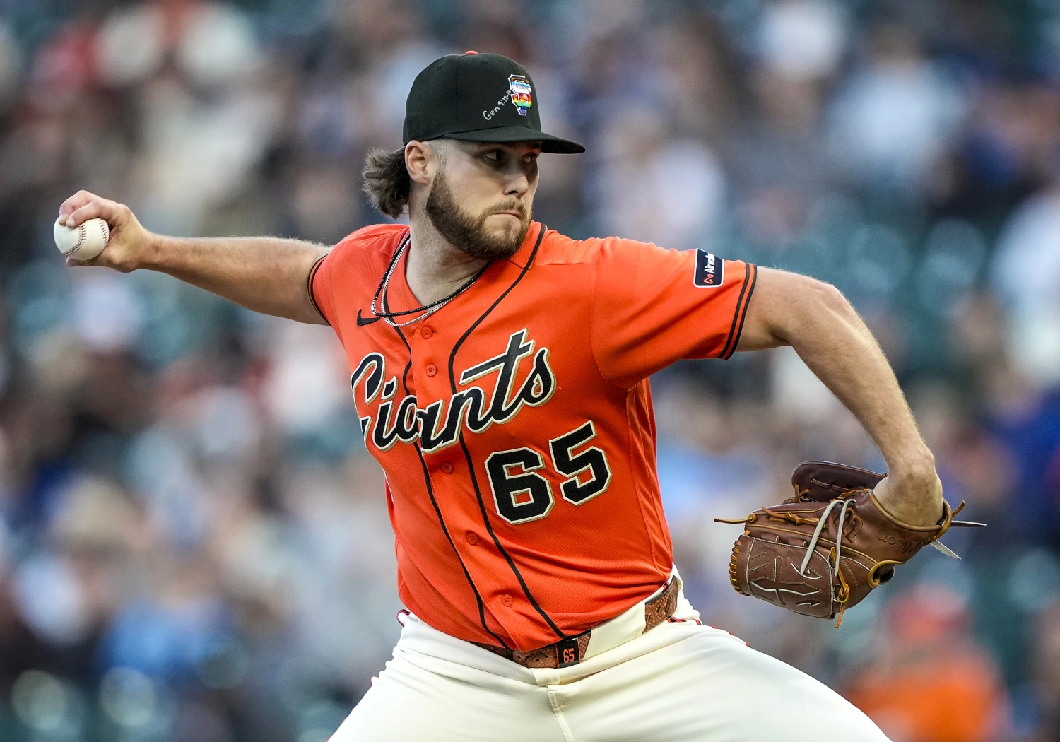 Landen Roupp #65 of the San Francisco Giants pitches against the Chicago Cubs in the top of the first inning of a major league baseball game at Oracle Park on June 12, 2026 in San Francisco.