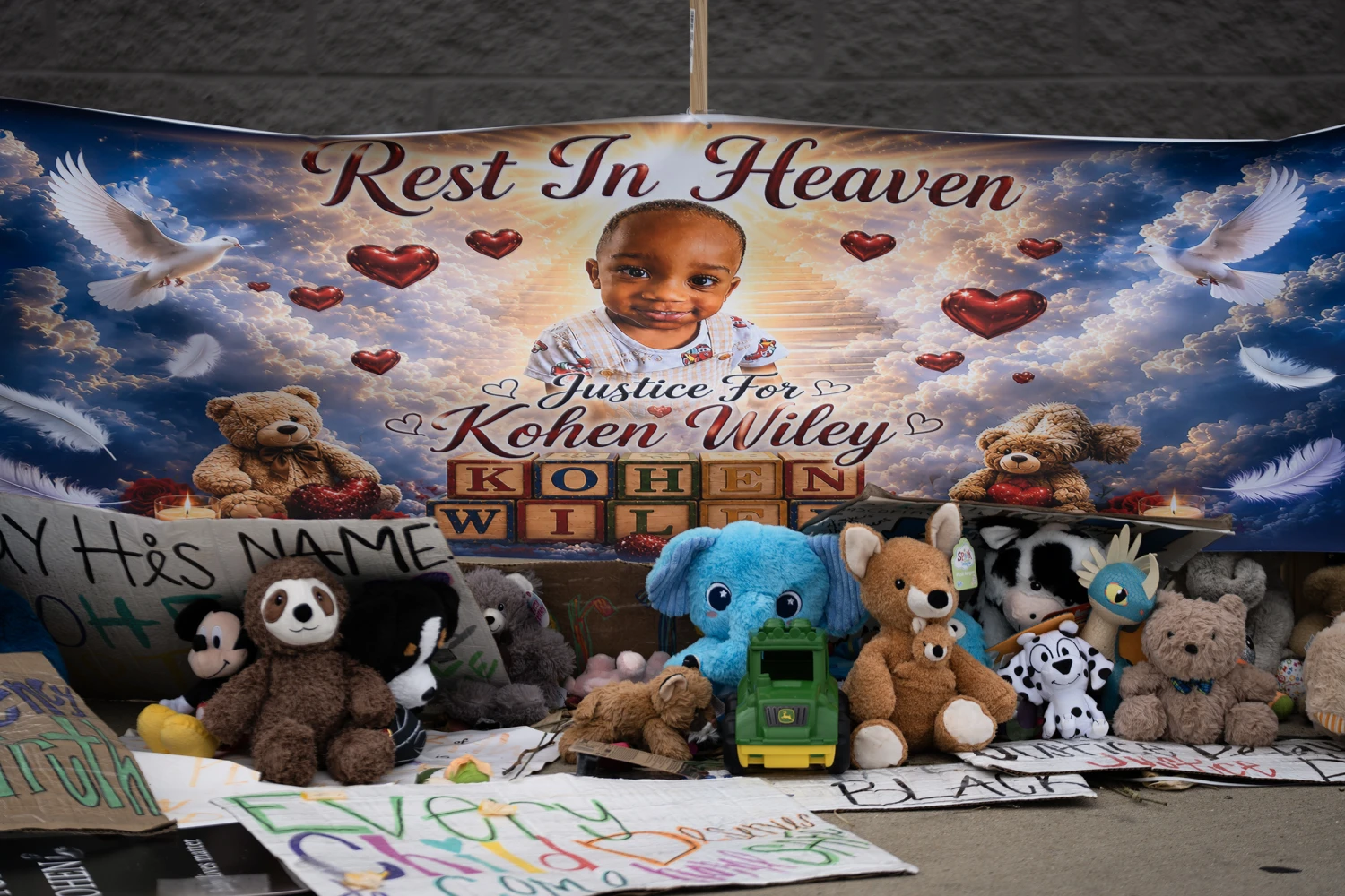A makeshift memorial for Kohen Wiley, a 1-year-old baby killed in an officer-involved shooting outside the local Walmart in Senatobia, Miss. on June 26, 2026.