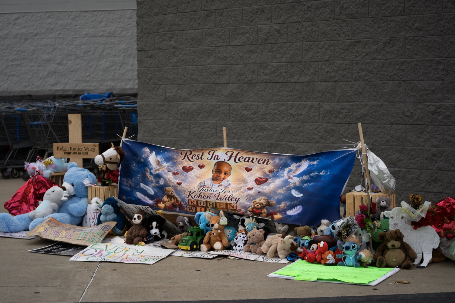 A makeshift memorial for Kohen Wiley, a 1-year-old baby killed in an officer-involved shooting outside the local Walmart in Senatobia, Miss. on June 26, 2026.