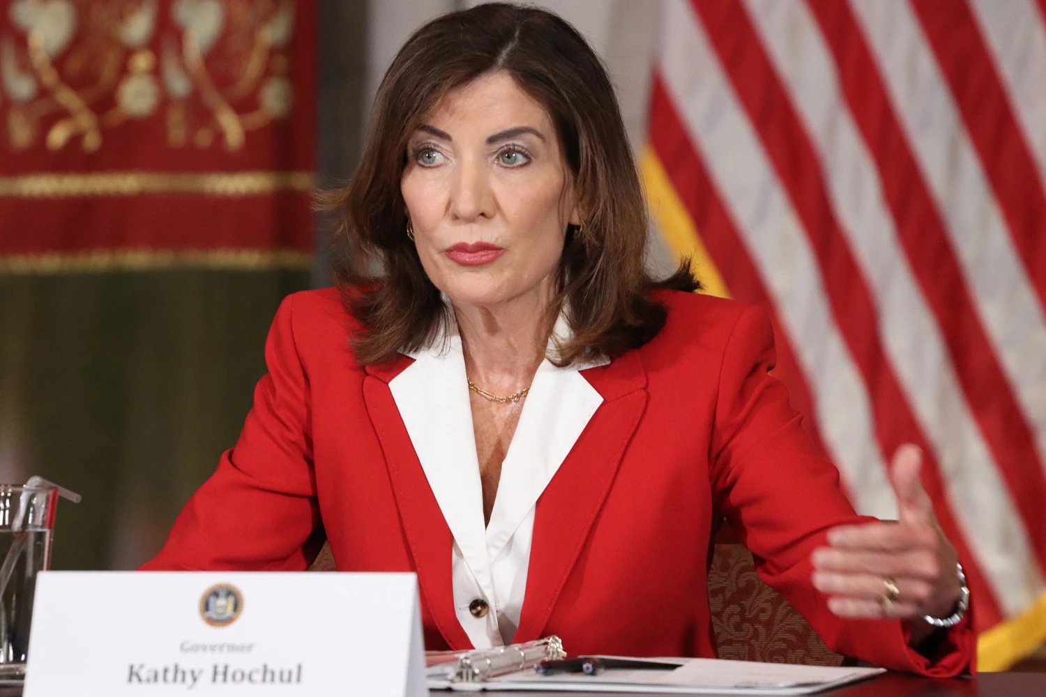 Gov. Kathy Hochul speaks during a roundtable discussion regarding her recent executive order establishing a moratorium on data centers in the state, July 15 2026.