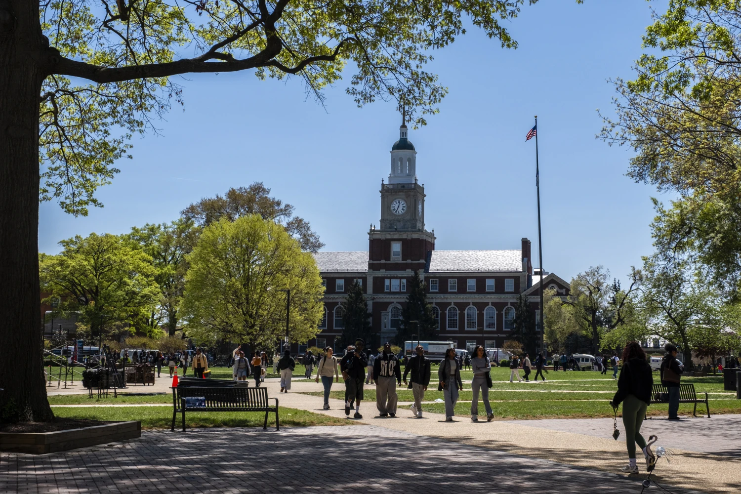 Students walk through the campus of Howard University on April 17, 2025 in Washington, D.C. 