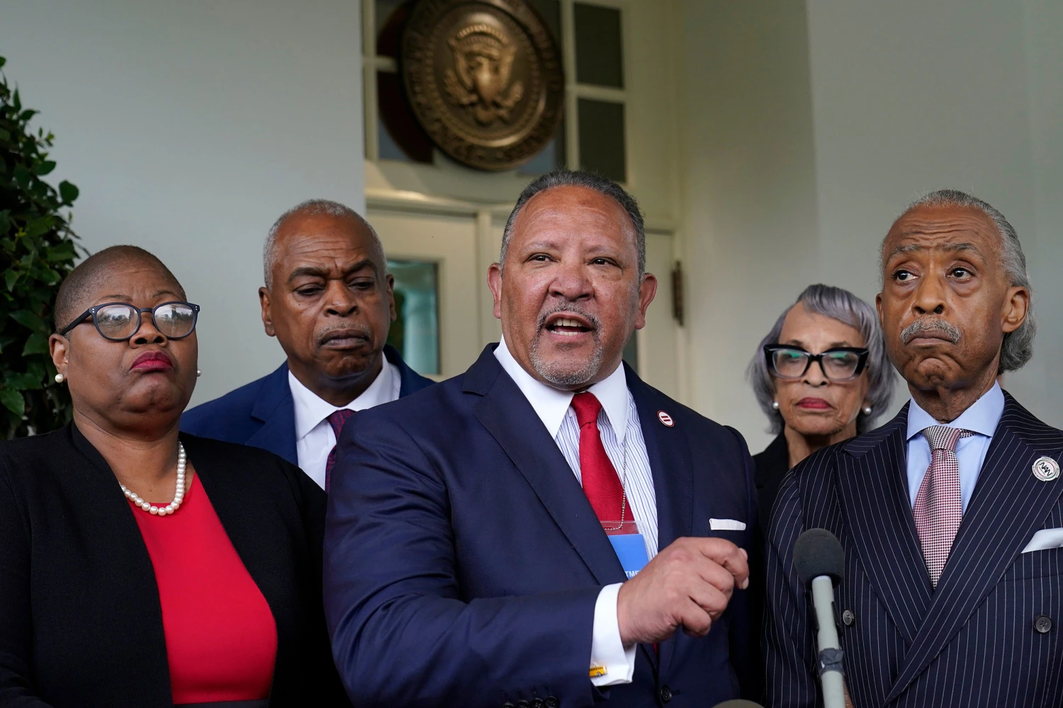 Marc Morial, center, President and Chief Executive Officer of the National Urban League, talks with reporters outside the West Wing of the White House in Washington, July 8, 2021, following a meeting with President Joe Biden and leadership of top civil rights organizations.