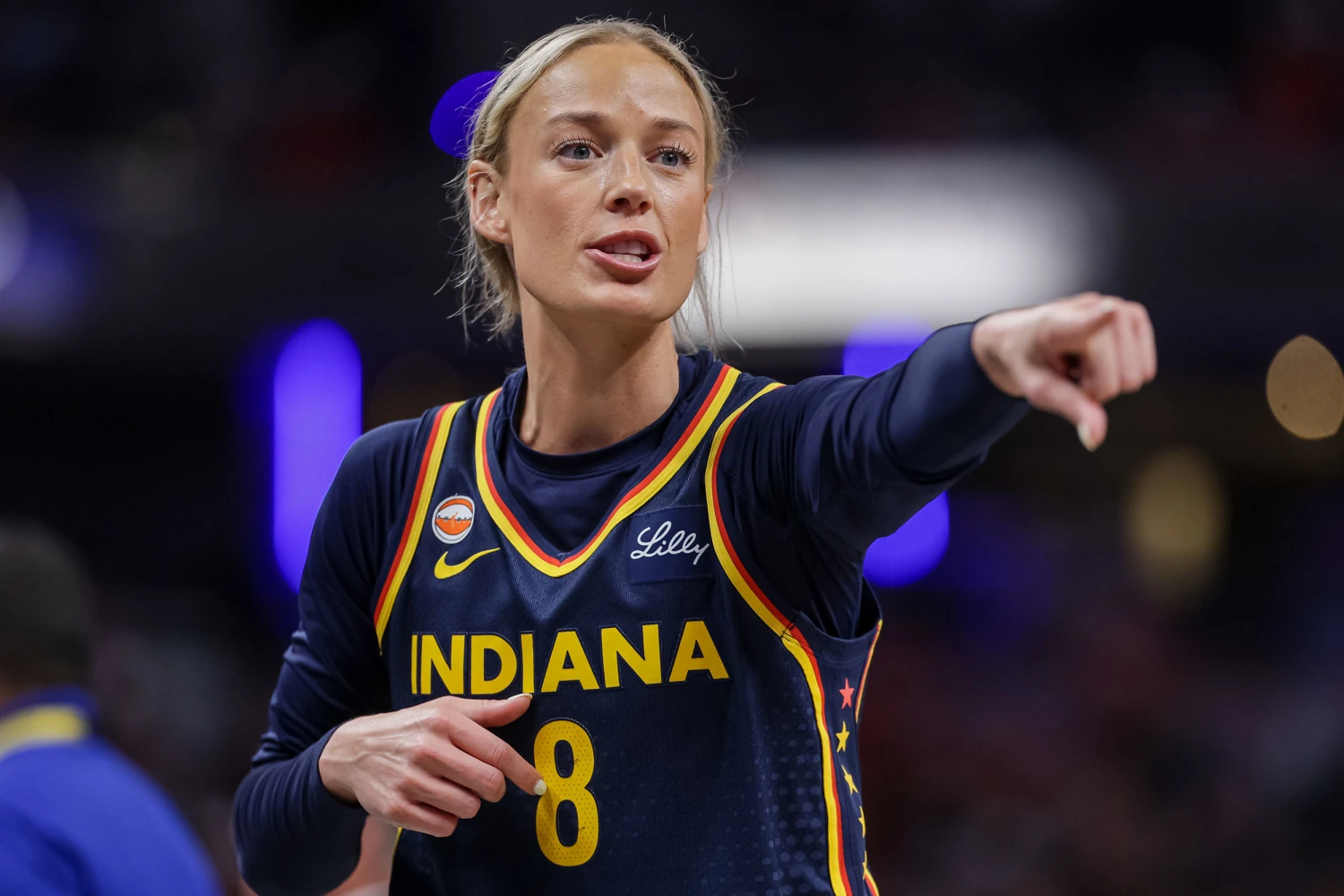 Sophie Cunningham #8 of the Indiana Fever points during the game against the Phoenix Mercury at Gainbridge Fieldhouse on June 22, 2026 in Indianapolis, Indiana.
