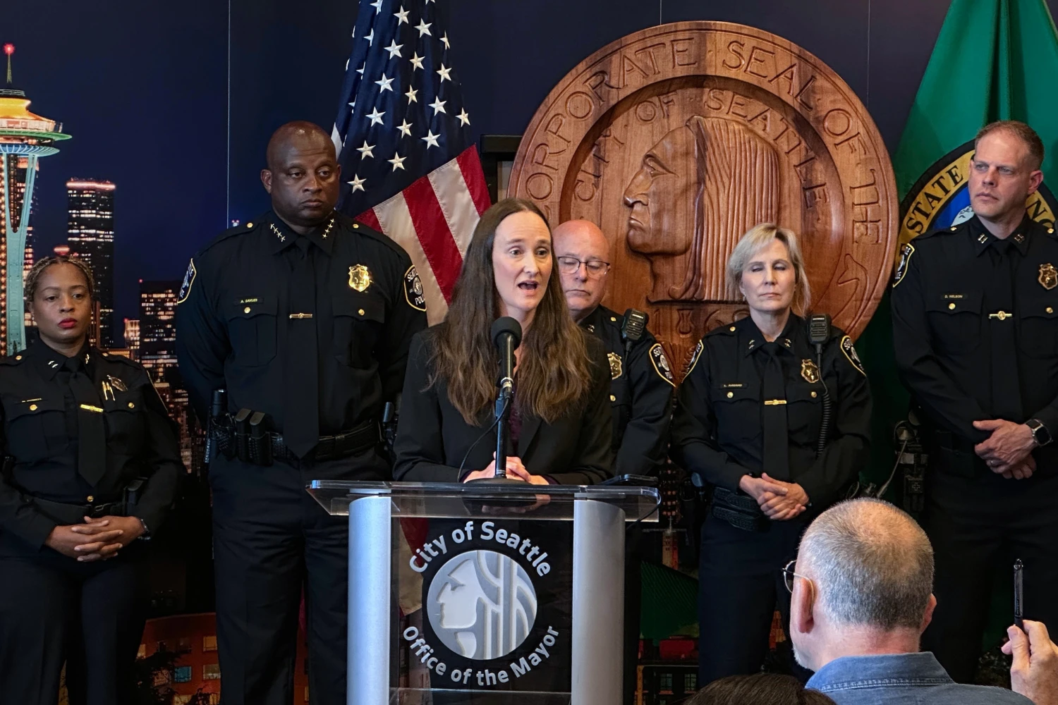 Seattle Mayor Katie Wilson holds a news conference to introduce Andre Sayles as interim police chief on Friday, July 31, 2026 in Seattle.