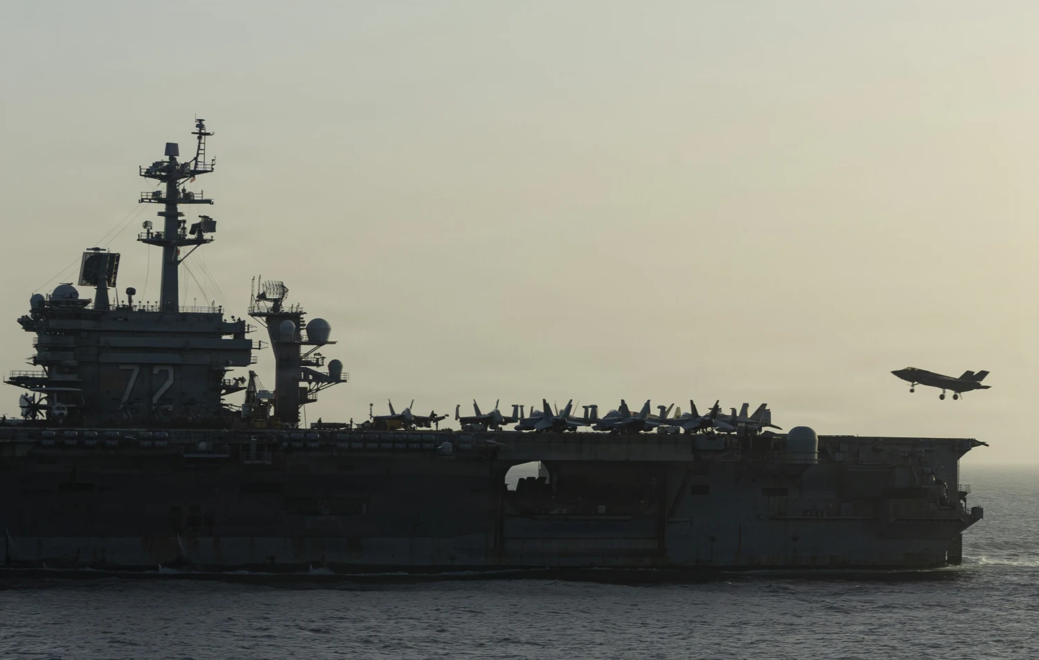 ARABIAN SEA - APRIL 16: (EDITOR'S NOTE: This Handout image was provided by a third-party organization and may not adhere to Getty Images' editorial policy.) USS Abraham Lincoln (CVN 72) conducts U.S. blockade operations related to the Strait of Hormuz on April 16, 2026 in the Arabian Sea. The ship's embarked carrier air wing includes eight F-35C stealth fighters, F/A-18 fighter jets, EA-18G electronic attack aircraft, E-2D command and control planes, MH-60 helicopters and CMV-22B Ospreys for logistics support. (Handout Photo by the U.S. Navy via Getty Images)