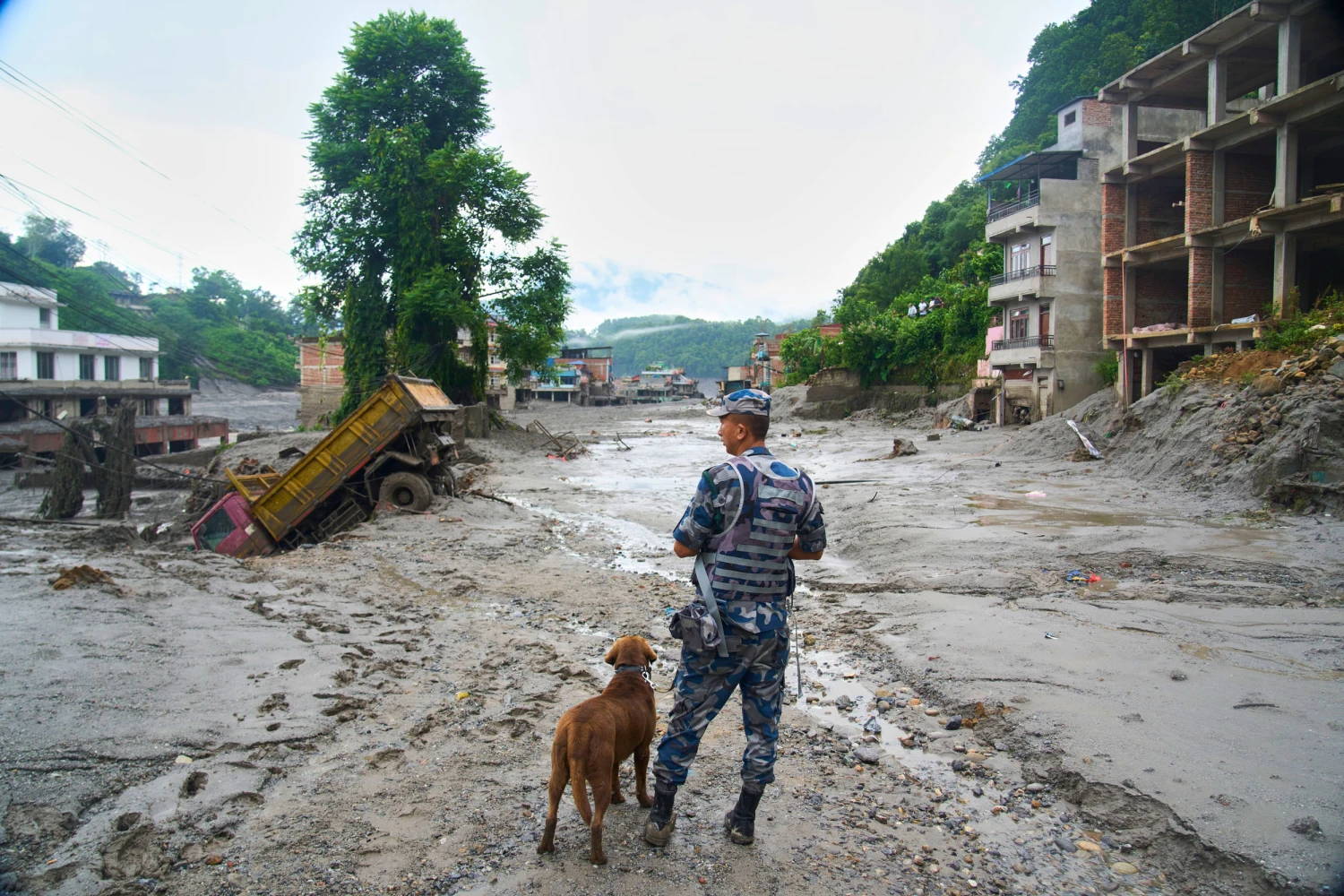 A police officer with a sniffer dog looks at the damage in the aftermath of flash floods in Devighat in the Nuwakot district in Nepal, on Aug 27, 2026.