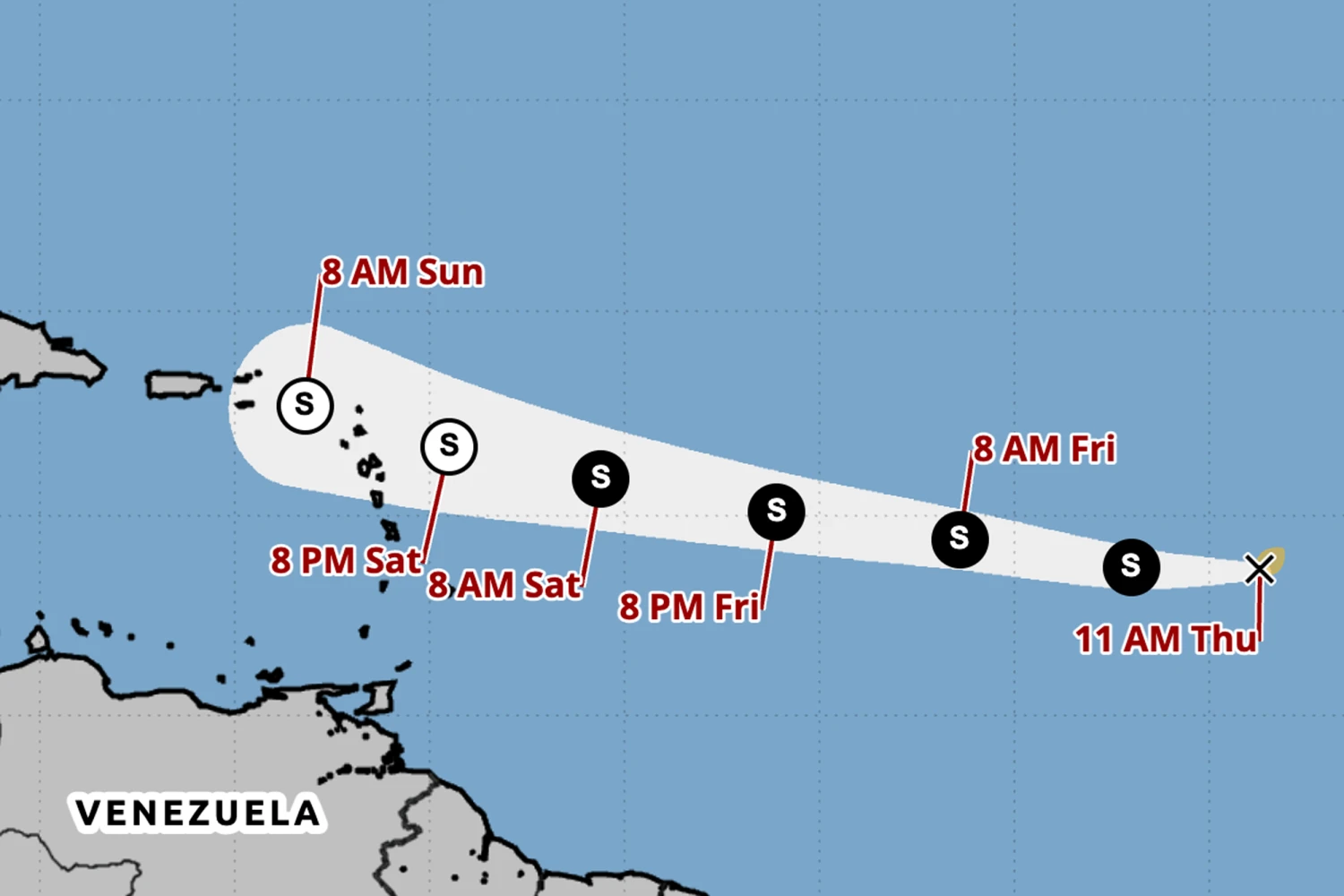 The cone contains the likely path of the storm center but does not show the size of the storm. Hazardous conditions can occur outside of the cone.