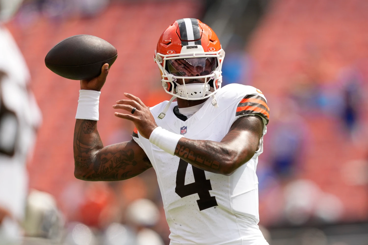 Deshaun Watson before a preseason NFL football game against the Buffalo Bills, on Aug. 22, 2026, in Cleveland.