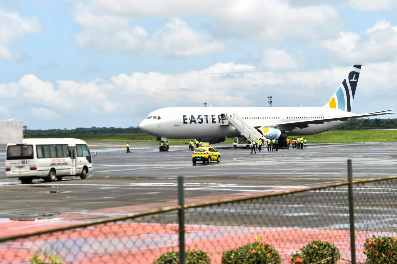 Plane carrying the deportees from the US arrives at the Roberts International Airport outside of Monrovia, Liberia, Thursday, Aug. 20, 2026. 