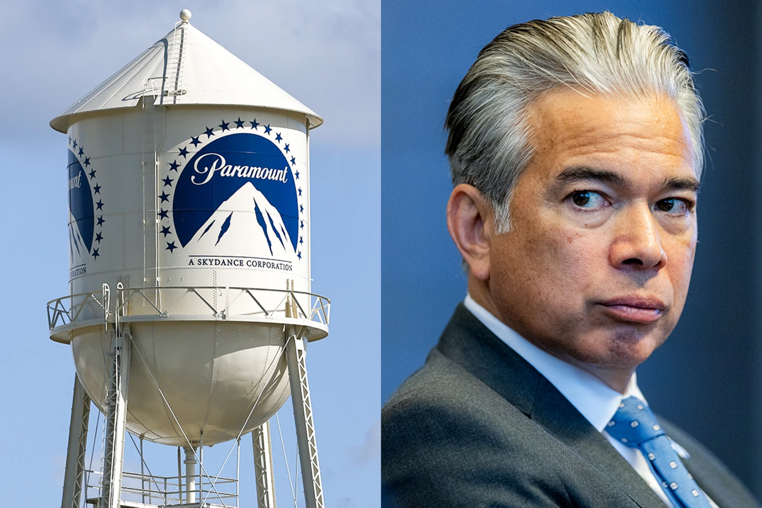 A Paramount water tower; California Attorney General Rob Bonta.